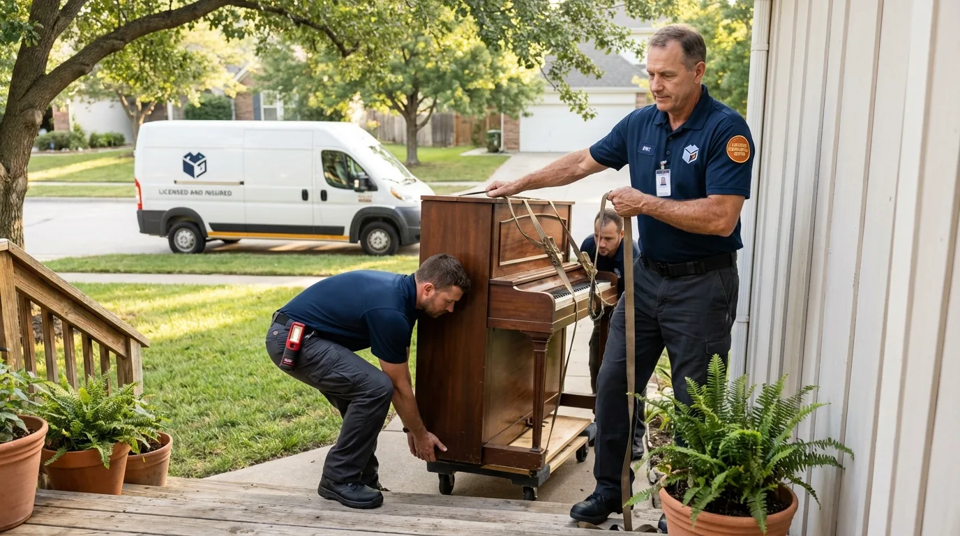 Licensed piano movers securing grand piano in Littleton, NH