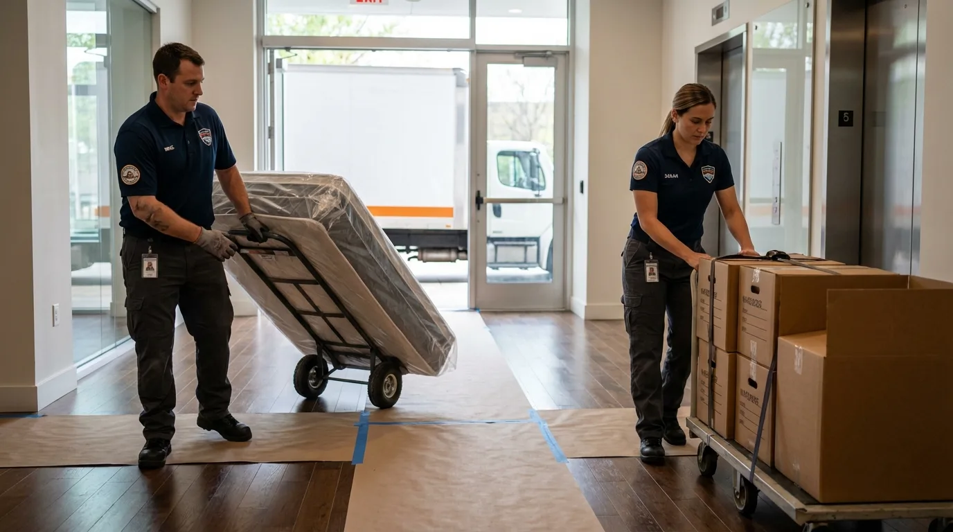 Professional apartment movers loading elevator in Littleton, NH